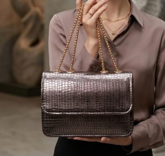 Grey Croc Flap Bag