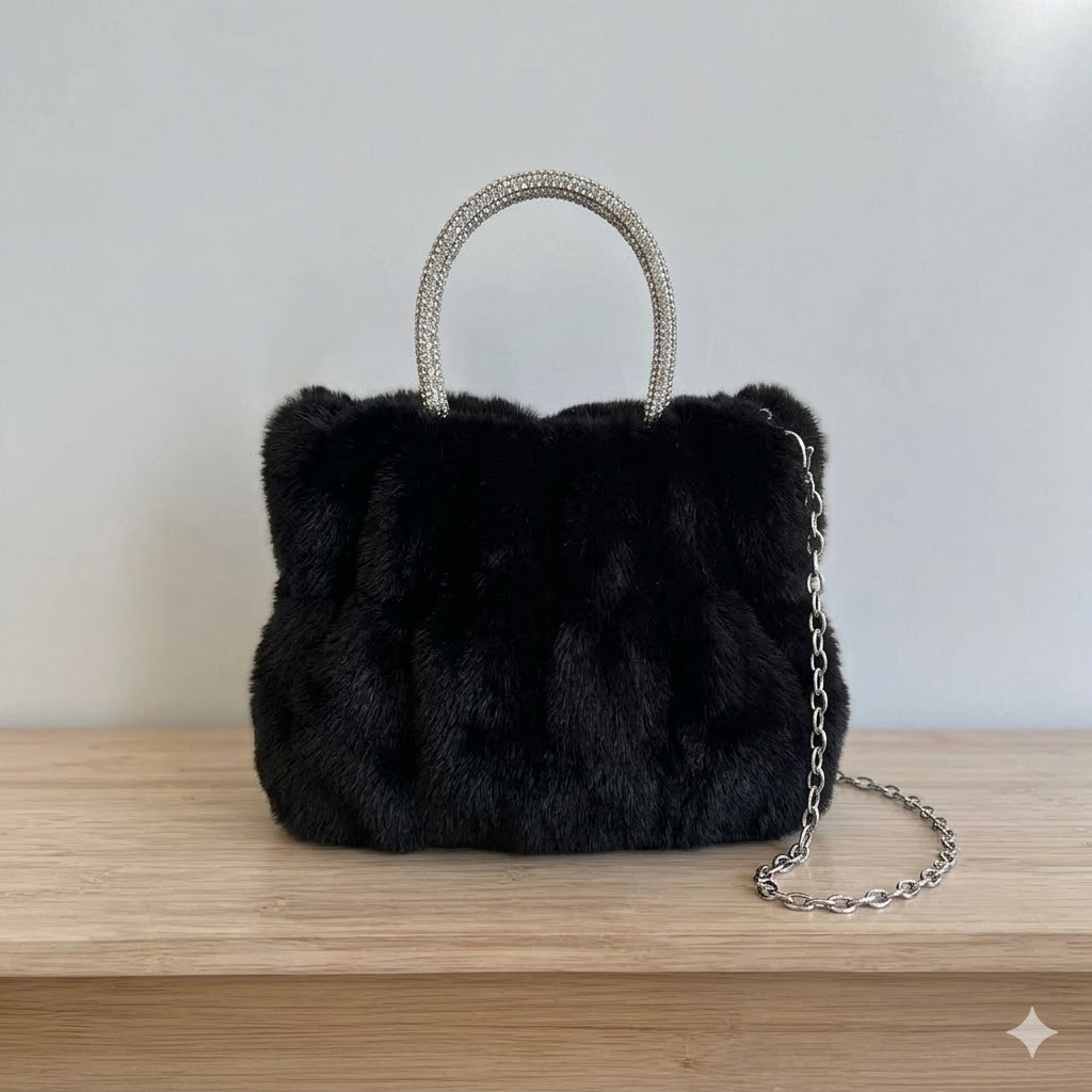 The Stella Crystal Fur Pouchette (Onyx Black)