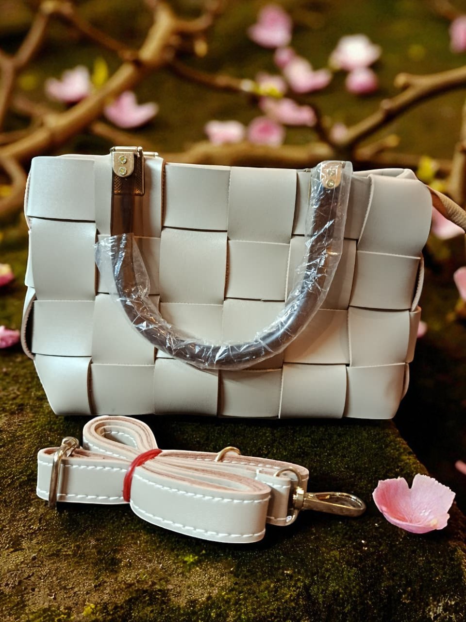 Beige Square Textured Handle Bag