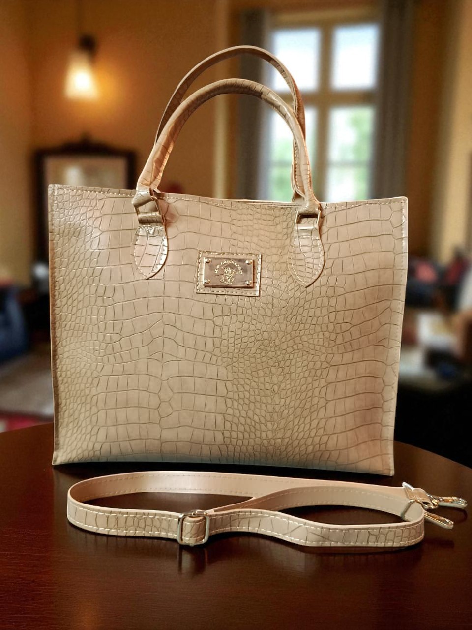 Beige Crocodile Textured Bag